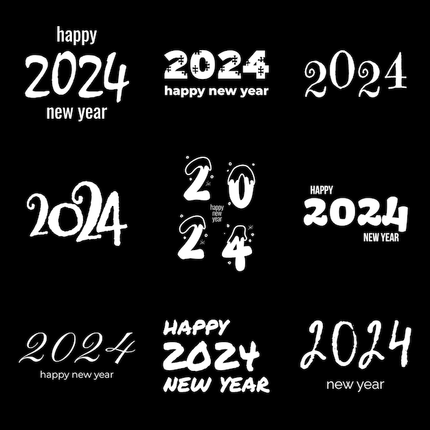 ベクトル 2024 新年あけましておめでとうございますロゴ テキスト デザインのコレクション。黒い背景にカレンダー、日記、文房具、ノートの白いラベルのロゴが付いた休日コンセプト ベクトル図