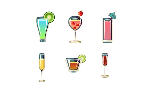 ベクトル ガラスの 6 つの異なるさわやかな夏のカクテルのコレクションおいしいアルコール飲料レストランのメニューやパーティー ポスターのグラフィック要素白い背景に分離された漫画のベクトルのアイコン