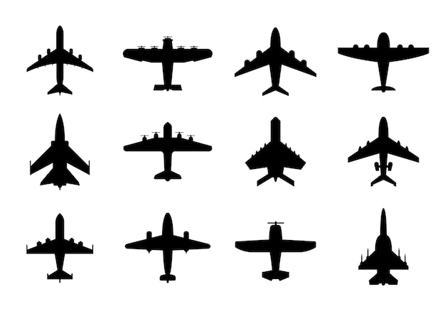 Коллекция силуэтов самолетов коммерческие и военные самолеты, изолированные на белом