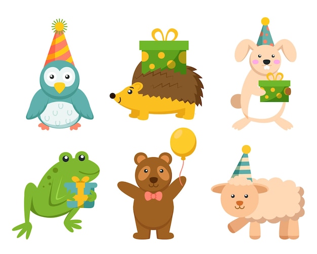 Коллекция животных с различной активностью в мультяшном персонаже графический дизайн для баннерной наклейки, рекламирующей тему вечеринки векторная иллюстрация