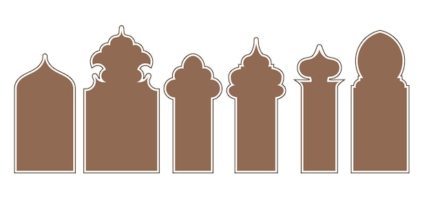 Коллекция арабских восточных окон, арок и дверей современный дизайн для рамок с узорами фона купол мечети и фонари исламский стиль рамадан карим и ид мубарак векторная иллюстрация