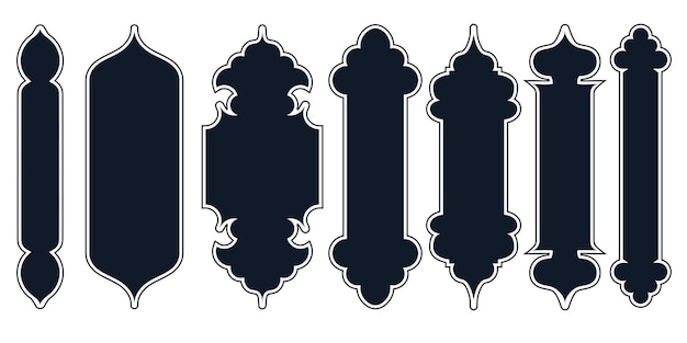 Коллекция арабских восточных окон, арок и дверей. современный дизайн, изолированный черным цветом для рамок. купол мечети и фонари. исламский стиль рамадан карим и ид мубарак. векторная иллюстрация