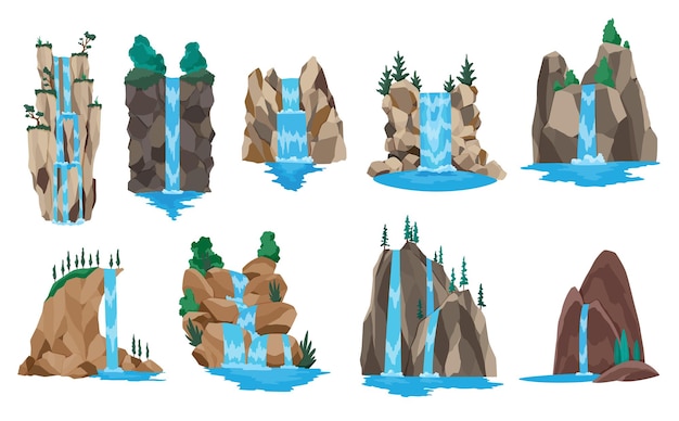 Коллекция мультяшных речных водопадов. пейзажи с горами и деревьями