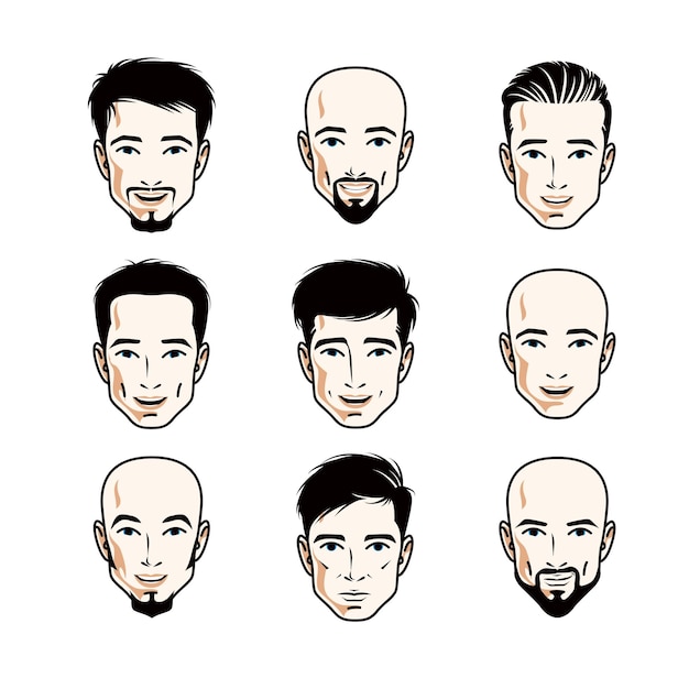 Вектор Коллекция лиц кавказских мужчин, выражающих разные эмоции, векторные иллюстрации человеческой головы.