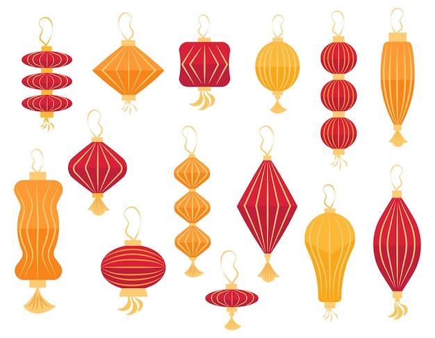 ベクトル 中国の黄色と赤のランタンのコレクション 中国の新年中秋祭のバナー