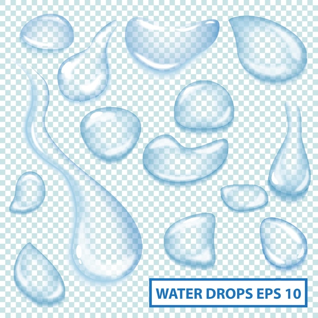 맑은 물 방울의 컬렉션입니다. 빛나는 아쿠아 방울 세트. 웹 디자인 및 기타 공예품에 벡터 일러스트 레이 션을 사용할 수 있습니다.
