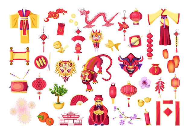 Коллекция красочных подробных иллюстраций с китайским новым годом