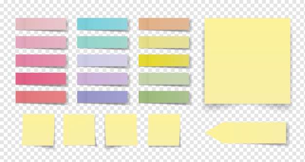 カラフルなメモ用紙、ポスト ステッカー、または透明な背景ベクトル デザインにメッセージの準備ができた丸まった角を持つポスト ノートのコレクション