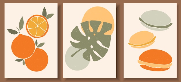 파스텔 색상의 현대 미술 포스터 컬렉션. 추상적 인 기하학적 요소와 선, 잎 및 과일, 마카롱, 오렌지.