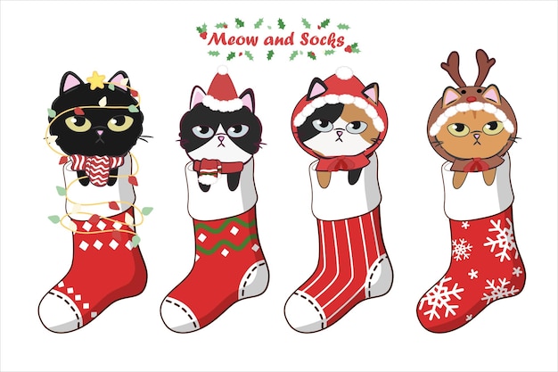Коллекция милых кошек в рождественских носках. иллюстрации к рождеству и новому году.