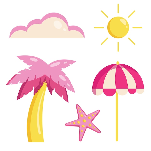 Коллекция милых летних символов пальма, зонтик от солнца, морская звезда, облако