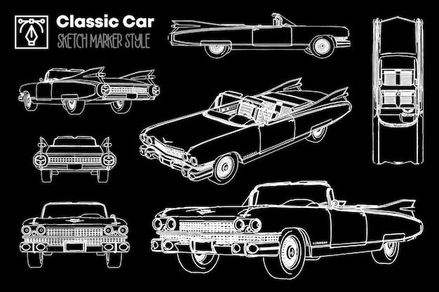 Коллекция различных видов силуэтов классических автомобилей. рисунки с эффектом маркера.