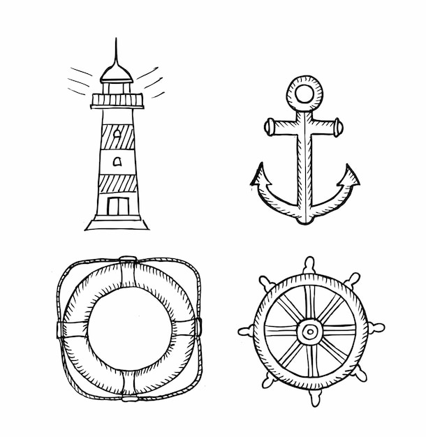 Вектор Коллекция каракули контурного морского элемента, такого как маяк, спасательный круг, якорь и т. д., изолированные на белом фоне