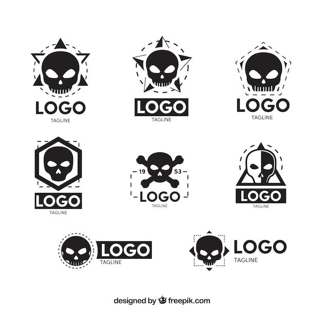 フラットなデザインの8つの頭蓋骨のロゴのコレクション