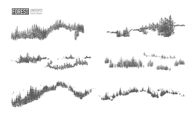 Коллекция вечнозеленых лесных пейзажей с силуэтами хвойных деревьев, растущих на холмах, рисованной в черно-белых тонах. природные монохромные элементы декора. векторная иллюстрация.