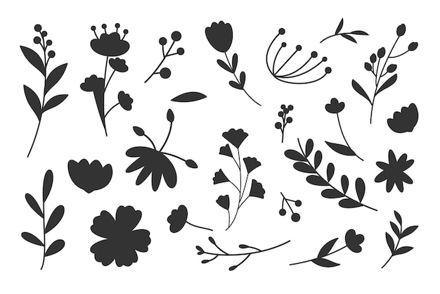 Коллекция цветов и ветвей каракули изолированные векторные силуэты