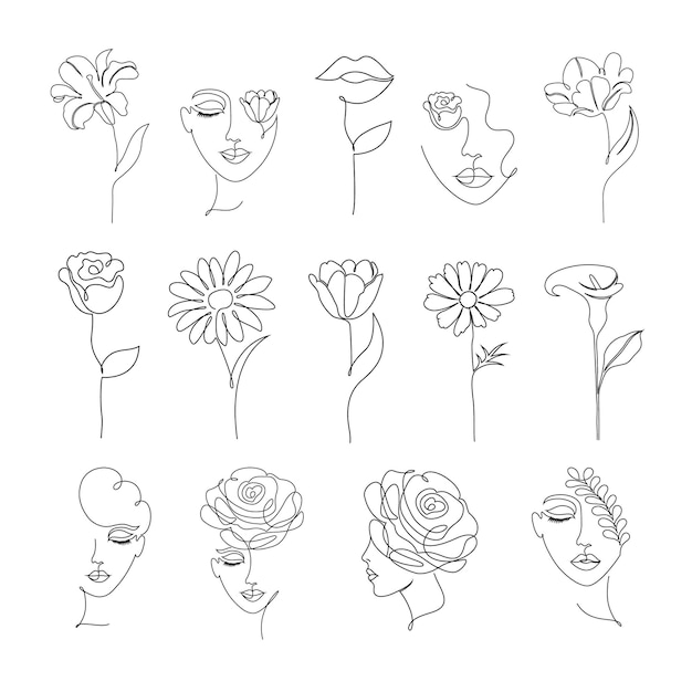 白い背景の上の1つの線画スタイルで花と女性のコレクション。