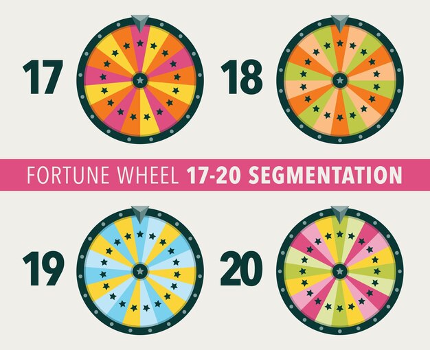 Коллекция плоских иллюстраций колеса фортуны 17, 18, 19 и 20 сегментации объектов колеса фортуны