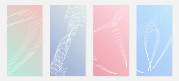 Коллекция из четырех абстрактных баннеров с тонкими линиями волн нежный пастельный градиентный фон контур