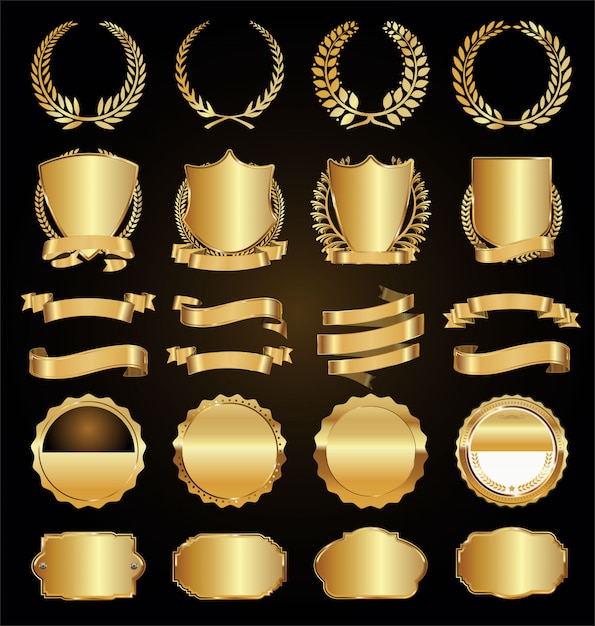 Коллекция золотых значков ярлыков лавров и лент