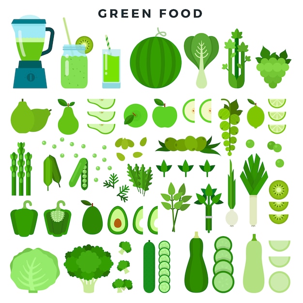Коллекция зеленого цвета пищи: овощи, фрукты и соки, плоский значок набор.