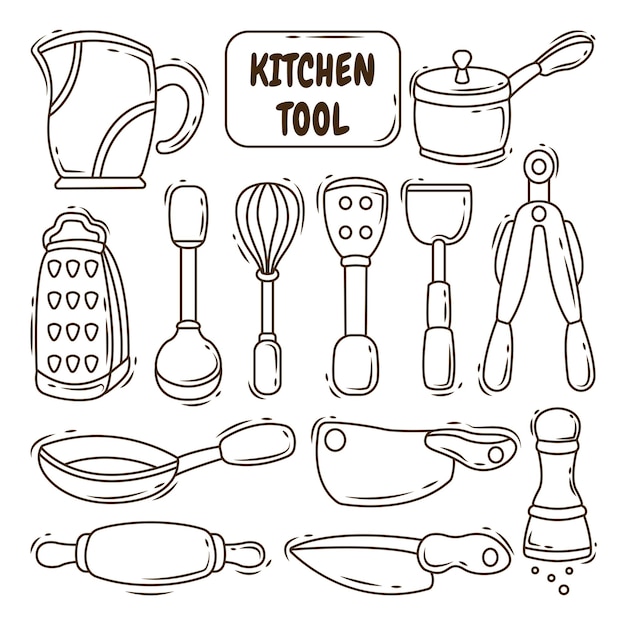 손으로 그린 주방 도구 만화 낙서 스타일 색칠의 컬렉션