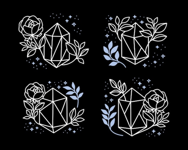 벡터 크리스탈, 꽃, 별 및 잎 가지와 손으로 그린 마법 요소의 컬렉션