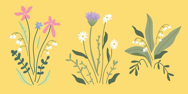 手描きのかわいいブーケのコレクション 夏の花 イラスト 植物 葉 スズラン ブランドのデザイン 孤立した背景のベクトル クリップアート ポストカード ポスターのテンプレート