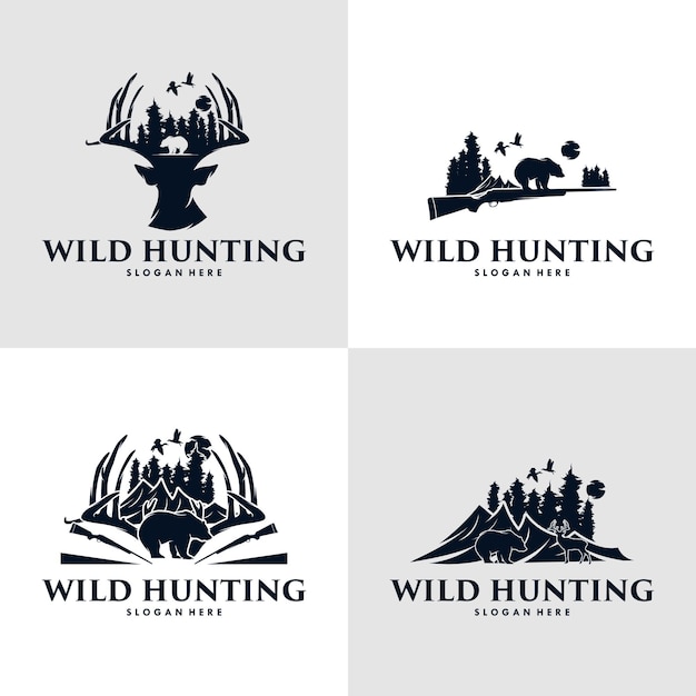 Коллекция дизайна логотипа охоты на утку, медведя и оленя