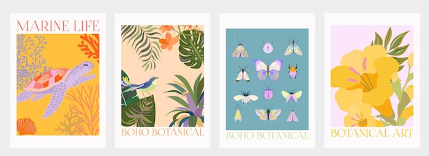 여름 장면 열대 식물과 해양 생물, 곤충이 있는 현대적인 인테리어 포스터 모음