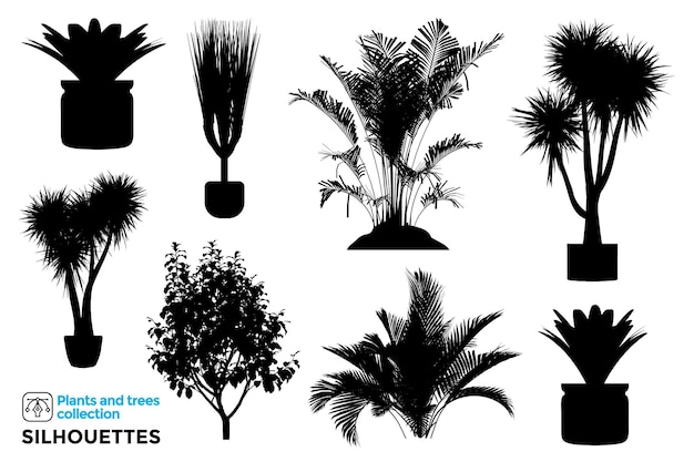 ベクトル 植木鉢の孤立した植物や木のシルエットのコレクション