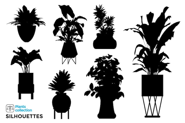 정원 냄비에 고립 된 식물과 나무 실루엣의 컬렉션