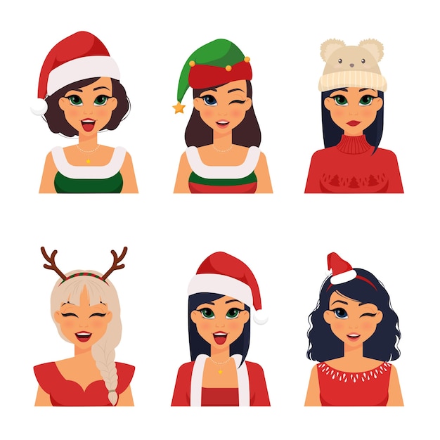 Коллекция изолированных женщин в концепции рождественских костюмов - забавная повязка для волос и шляпы