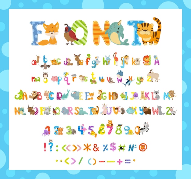 動物と文字数字と句読点のコレクション子供のためのカラフルなアルファベット