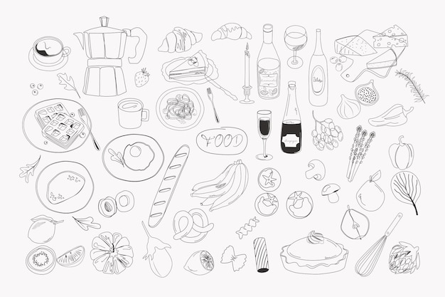 Вектор Коллекция элементов линейного искусства еды и напитков. редактируемая векторная иллюстрация.