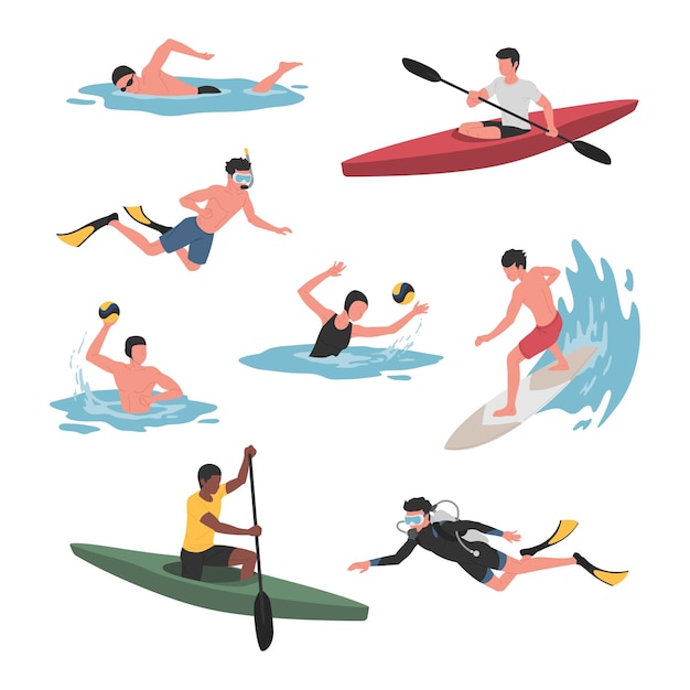 Вектор Коллекция мужчин и женщин, занимающихся различными водными видами спорта.