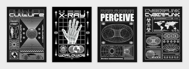 Коллекция современных черно-белых постеров в стиле техно стильный принт для уличной одежды