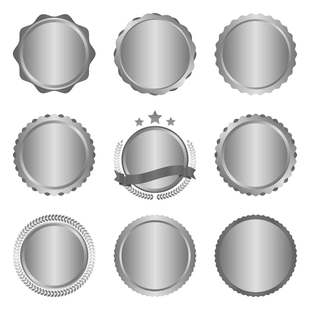 Коллекция современных, металлических серебряных круговых металлических значков и ярлыков