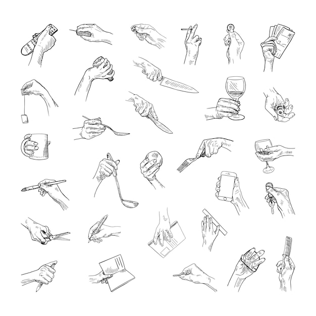 스케치 스타일의 다른 개체가 있는 손의 흑백 삽화 모음