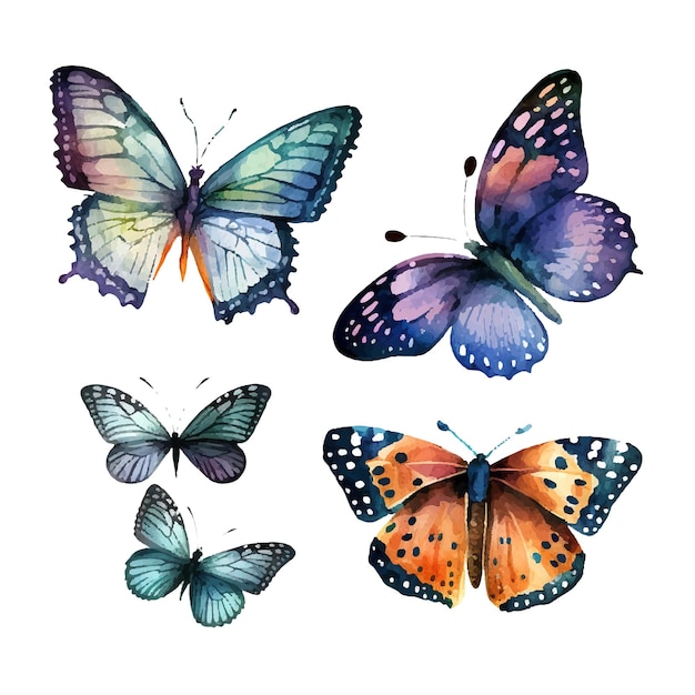 Коллекция разноцветных акварельных бабочек векторной иллюстрации