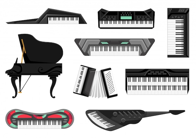 뮤지컬 키보드 악기의 컬렉션입니다. 격리 된 아이콘 흰색 배경 음악 키 보드의 설정. 음악가 장비. 음악 애호가를위한 도구
