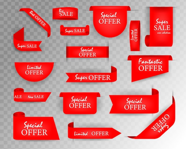 Коллекция тегов предложения ленты продажа баннеров изолированные красные этикетки скидки