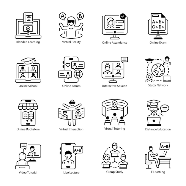 Collection of Online Learning Linear Icons (verzameling van lineaire icoontjes voor online leren)