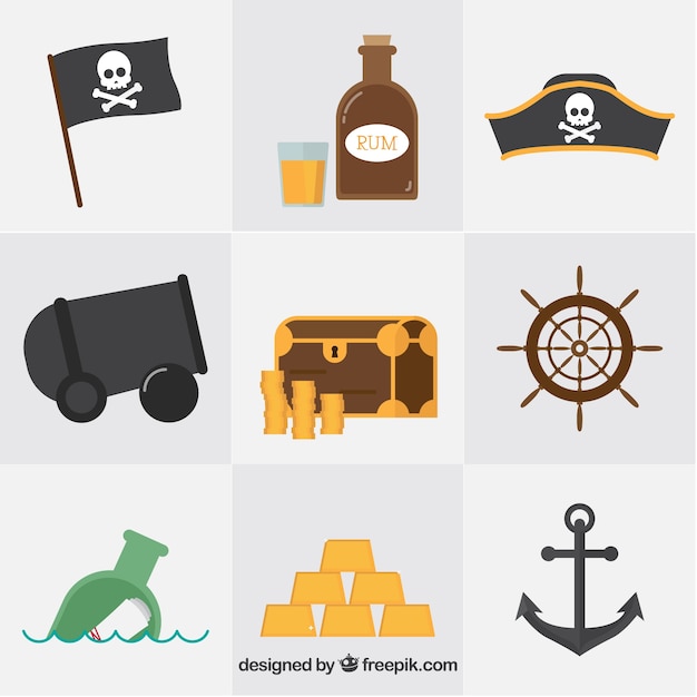 Коллекция пиратских объектов в плоском дизайне