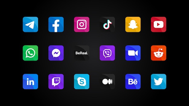 Коллекция популярных социальных сетей и мессенджеров градиентные логотипы иллюстрации реалистичный редакционный набор красочные градиентные квадратные кнопки с закругленными углами веб-элемент для мобильных приложений