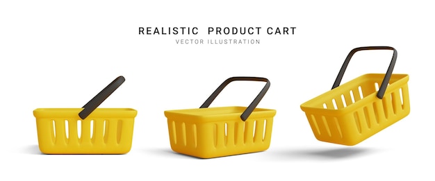 Коллекция реалистичных 3d желтых тележек, изолированных на белом фоне пустая корзина для покупок векторная иллюстрация