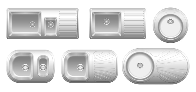 Коллекция реалистичных металлических раковин сверху. набор различного оборудования из нержавеющей стали со сливом для мытья водой, изолированной на белом. хромированная кухонная мойка. 3d векторные иллюстрации