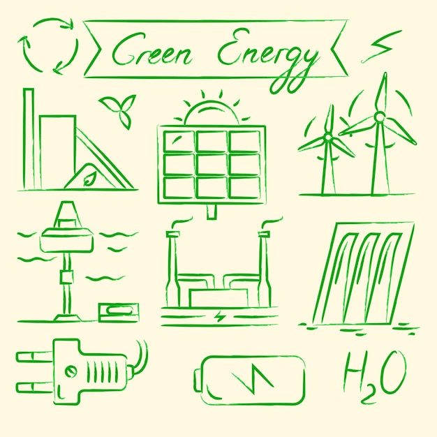 Коллекция икон стиля возобновляемых источников энергии, нарисованных вручную