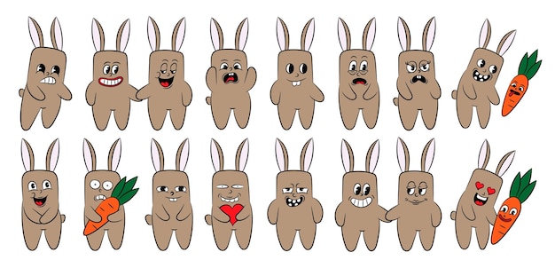 Вектор Коллекция ретро-персонажей зайцы наклейки хиппи комический стиль набор мультяшных кроликов с разными веселыми эмоциями забавный персонаж талисман наклейка векторная иллюстрация