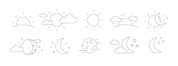 Коллекция символов восходящего или заходящего солнца, фаз луны, облаков и звезд. связка дневных и ночных пиктограмм, нарисованных черными контурными линиями на белом фоне. монохромная векторная иллюстрация.